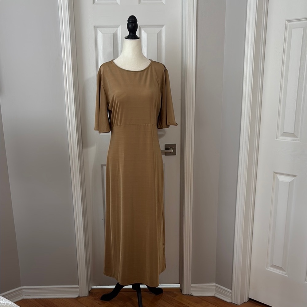 H&M Brown Sheath Midi Dress with Flutter Sleeves